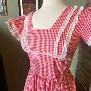 Red Gingham Dress with Lace Trim